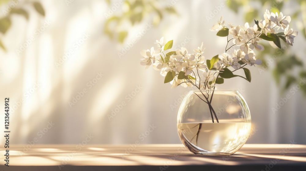 Fototapeta premium Beautiful bouquet of blooming flowers in a vase with a glass of champagne, showcasing nature's spring beauty in soft pink and white hues, perfect for a wedding or garden setting