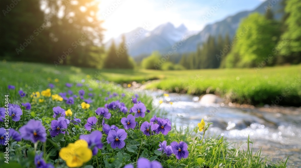 Obraz premium Purple flowers blooming by a stream, mountain backdrop, sunny spring day, idyllic nature scene for travel brochures