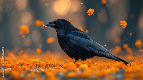 Black Crow Eating Rice Surrounded by Marigold Flowers in Soft Light