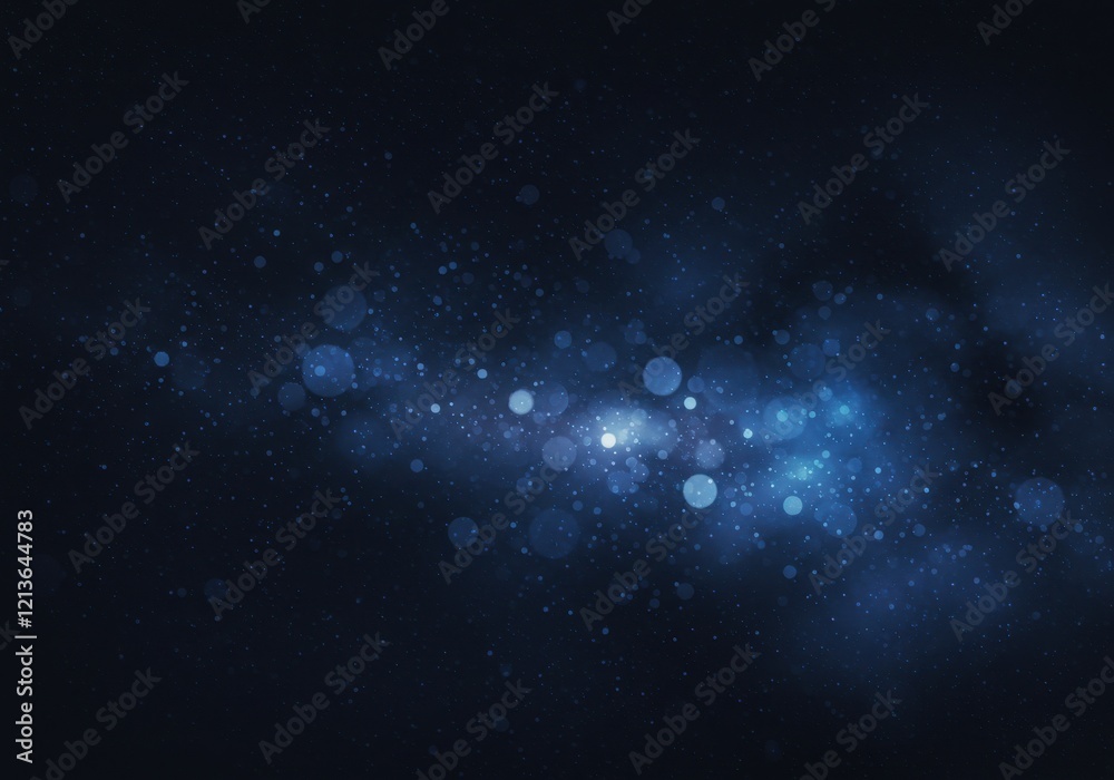 Obraz premium Dark starry night sky, deep blue cosmic background, glowing ethereal orbs, shimmering light particles, mystical celestial atmosphere