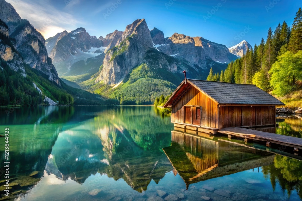 Fototapeta premium Serene blue lake mirrors majestic mountains; a picturesque boathouse completes the idyllic scene.