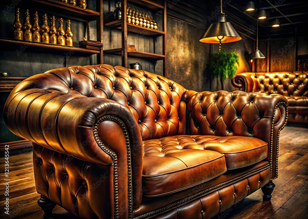 Obraz premium Low Light Leather Upholstery Design: Luxury Texture, Craftmanship, Handcrafted Details, Interior Design, Furniture, Night Photography