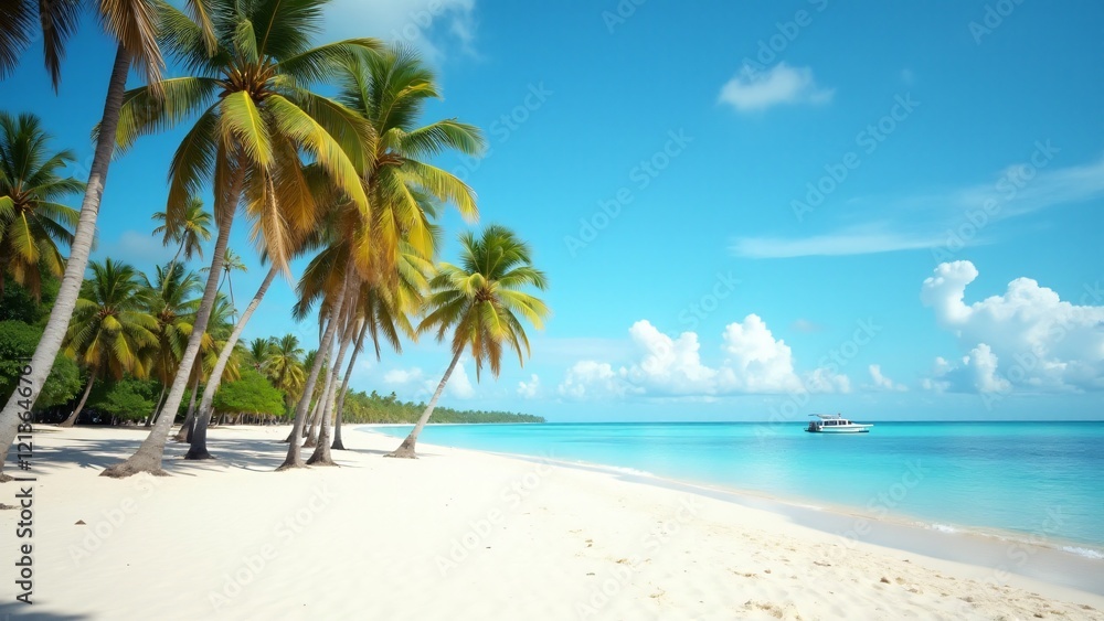 Obraz premium Varadero Beach in Cuba offers powdery white sand, crystal-clear waters, and tall coconut trees. A perfect destination for relaxation, swimming, water sports, and vibrant local culture.