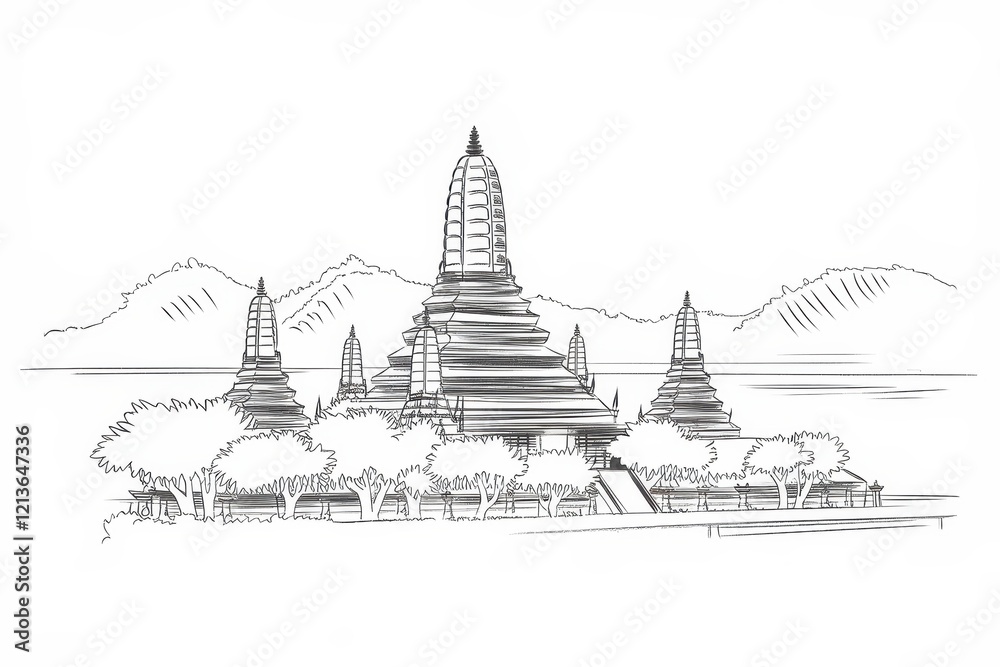 custom made wallpaper toronto digitalSketch of a Temple Complex in a Mountainous Landscape