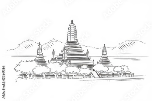 Wallpaper Mural Sketch of a Temple Complex in a Mountainous Landscape Torontodigital.ca
