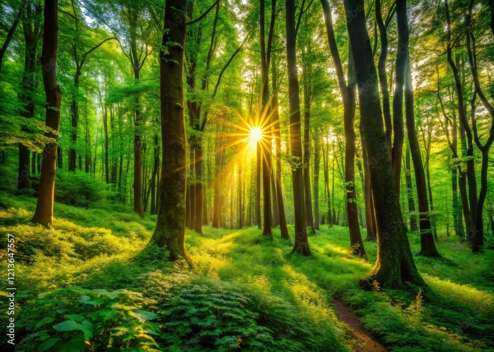 Fototapeta premium Sun-dappled sunlight filters through a lush, magical forest canopy, creating a serene, low-light scene.