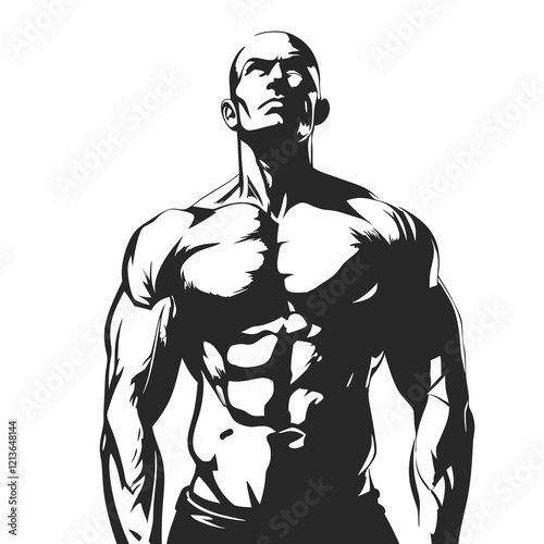 A man with a muscular body is standing in front of a white background. He is wearing a black shirt and black shorts