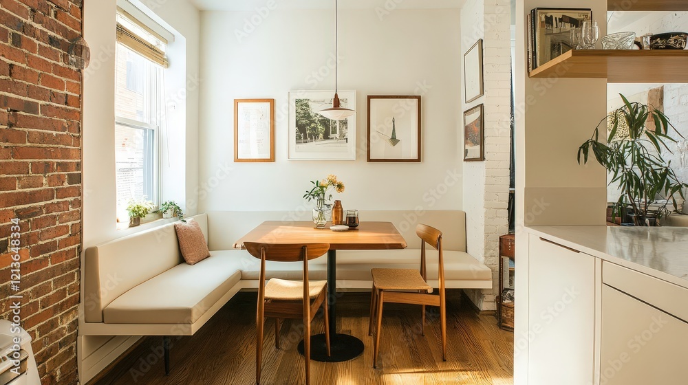 Fototapeta premium dining nook with a bench that doubles as storage space, surrounded by compact furniture.