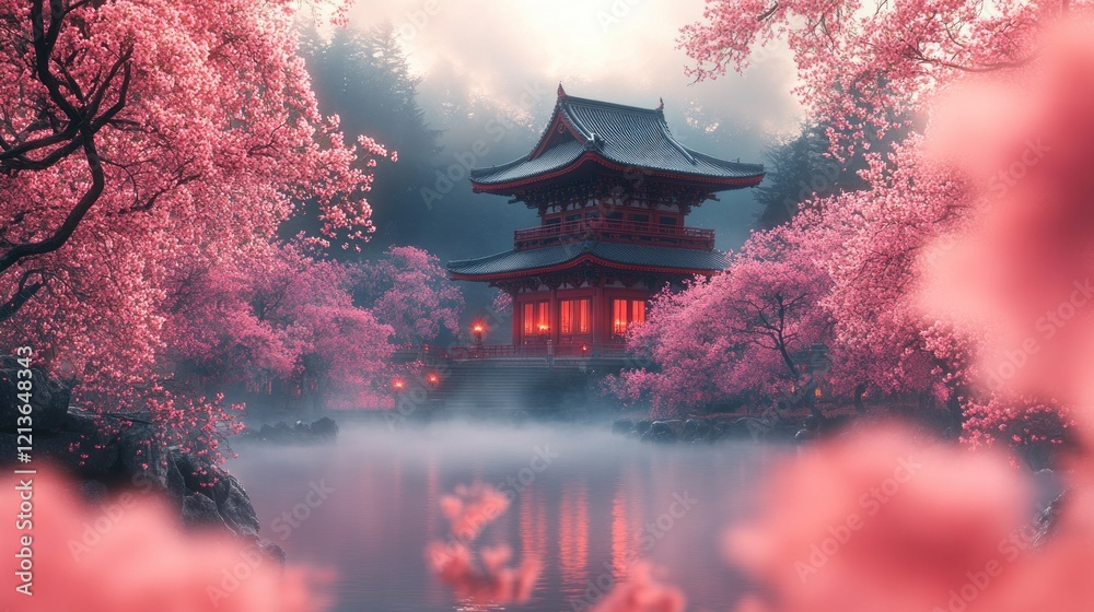Obraz premium Misty dawn, Japanese temple, cherry blossoms, serene pond, digital art