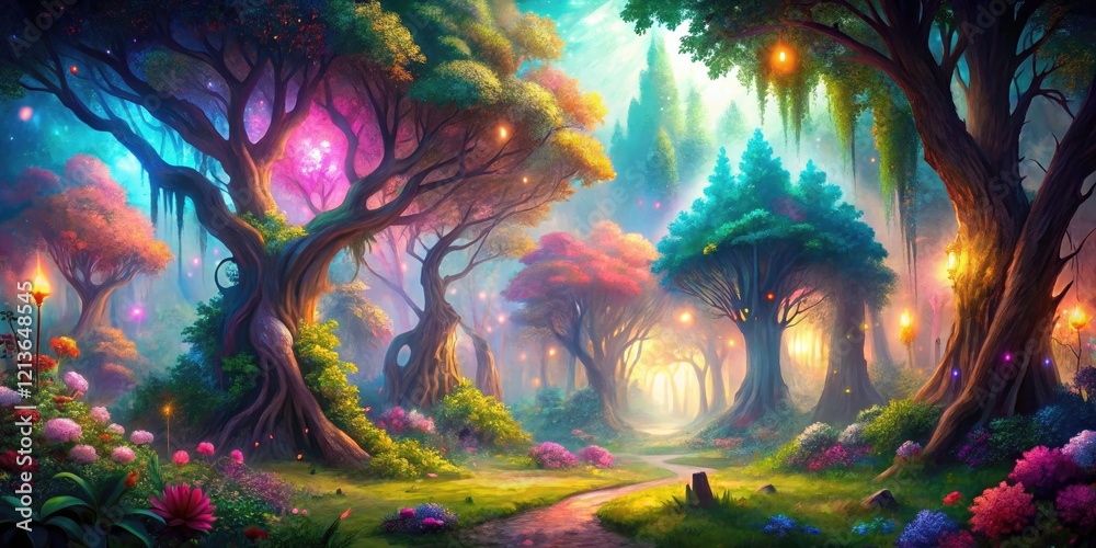 Fototapeta premium Fairytale forest, magical trees sway, mystical creatures roam, a realm of wonder awaits.