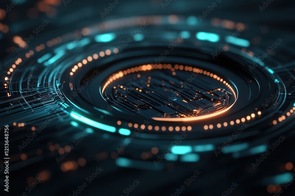 concept AI-Powered Threat Detection Abstract digital design featuring glowing circles and circuits in a futuristic style. concept AI-Powered Threat Detection Abstract digital design featuring glowing circles and circuits in a futuristic style.