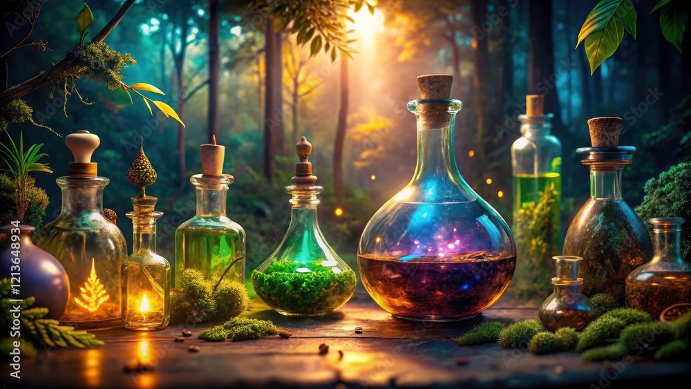 Fantasy photography showcases enchanted forest potion bottles filled with mystical herbs and elixirs. Fantasy photography showcases enchanted forest potion bottles filled with mystical herbs and elixirs.