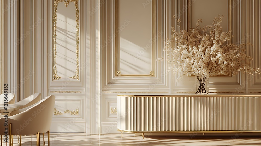 Fototapeta premium Elegant Room Decor With Gold Accents And Cream Furniture