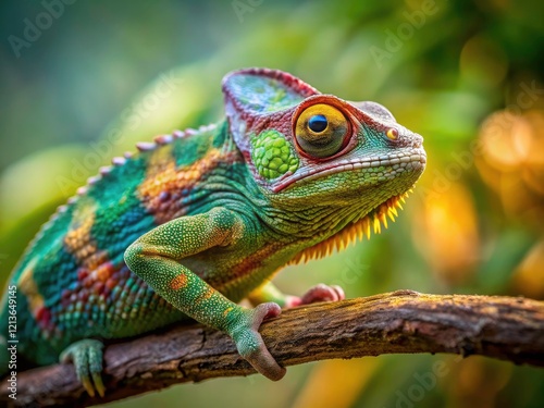 Minimalist Chameleon Photography: Camouflaged Reptile on Branch, Blurred Background, Wildlife Hunting