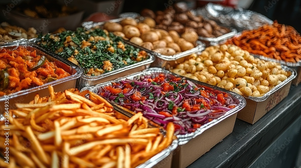 Fototapeta premium Assorted Food Items In Aluminum Containers Ready For Sale