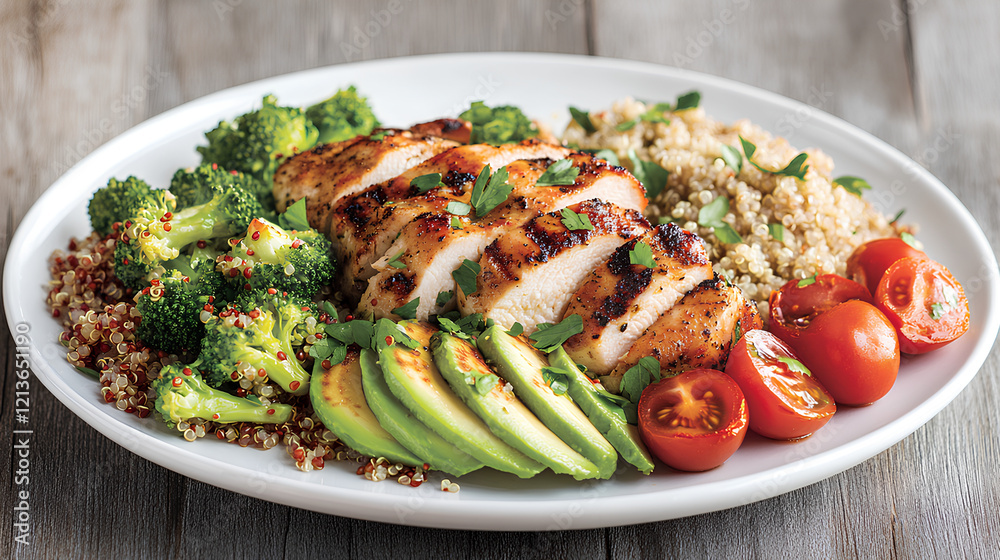 Nutrient-Rich DASH Diet Plate with Grilled Chicken, Quinoa, and Fresh Vegetables Nutrient-Rich DASH Diet Plate with Grilled Chicken, Quinoa, and Fresh Vegetables