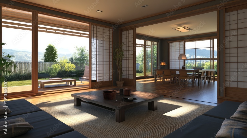 Fototapeta premium Contemporary Japanese Living Room with tatami mats, sliding shoji doors, low seating, and a perfect blend of tradition and modernity. Japanese home decor.