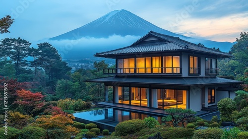 Mountain view luxury home, autumn Japan, twilight