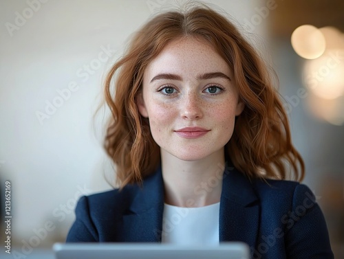 Professional woman working on laptop in modern office focused portrait bright environment empowering concept photo