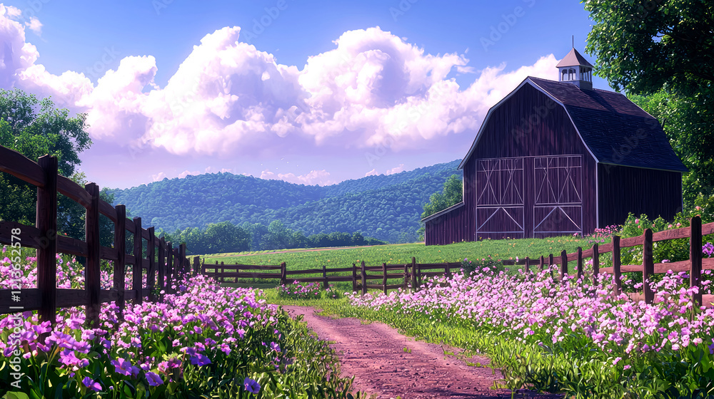 Serene Countryside Landscape: Picturesque Barn, Blooming Flowers, and Rolling Hills Serene Countryside Landscape: Picturesque Barn, Blooming Flowers, and Rolling Hills