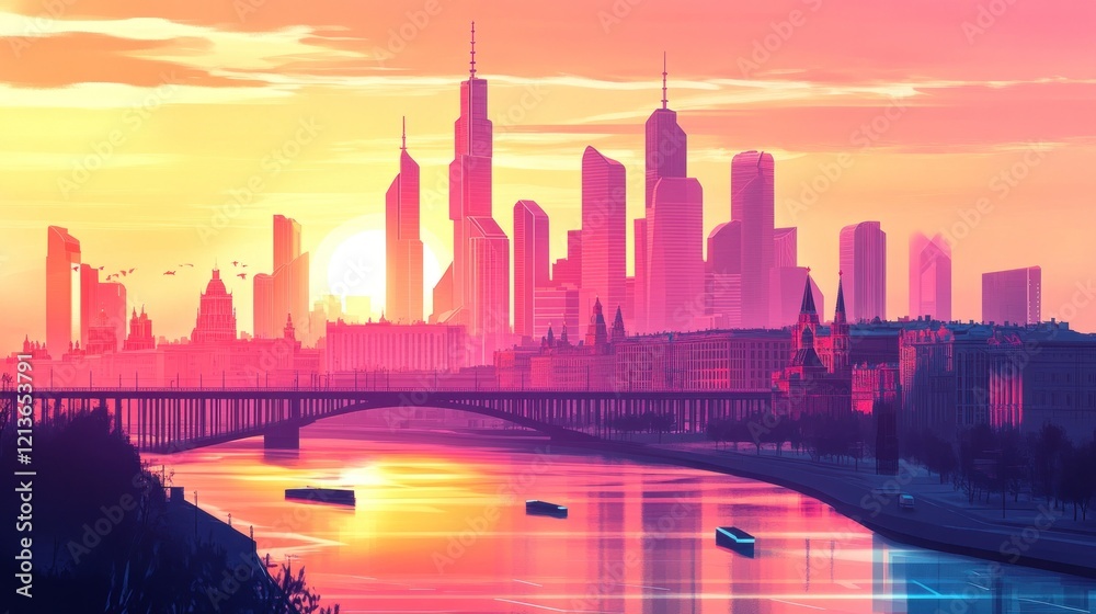 Obraz premium Cityscape at Sunset with a Bridge and River