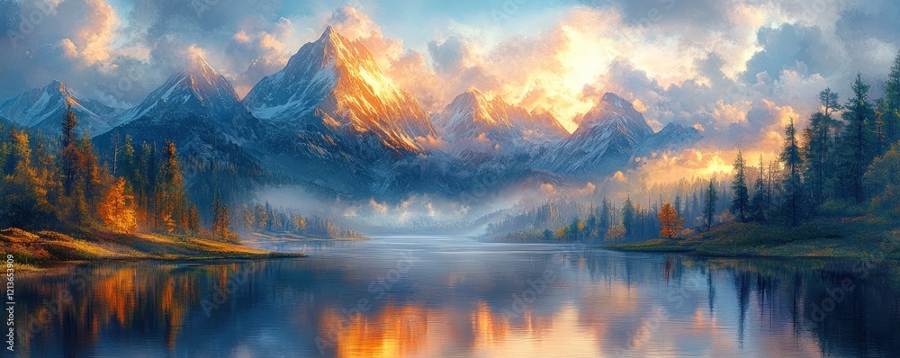 Majestic Mountains with Golden Peaks and a Reflective River in a Surreal Fantasy Landscape Majestic Mountains with Golden Peaks and a Reflective River in a Surreal Fantasy Landscape