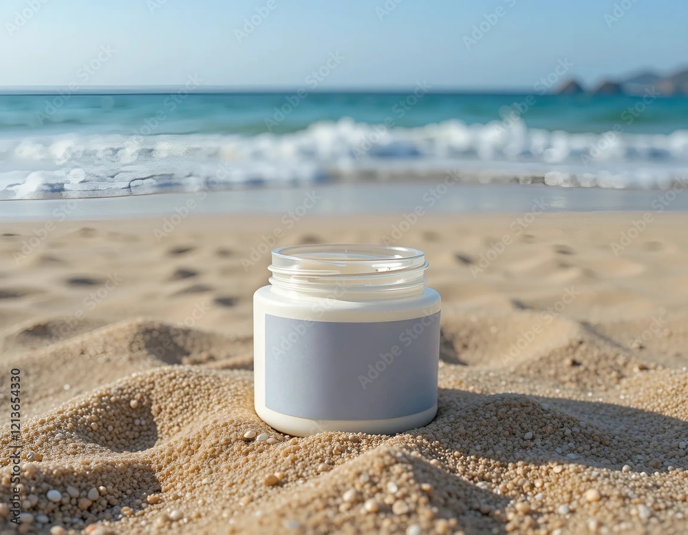 packaging jar of cream with a screw cap and a blank label on the sand at the back blurred sea background