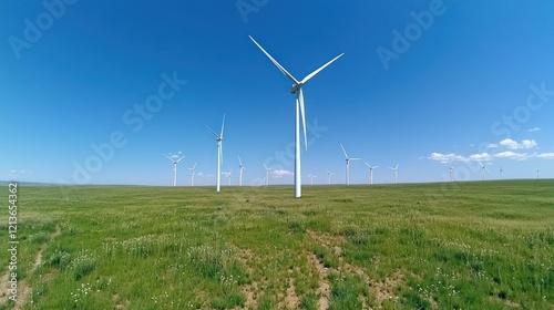 Wallpaper Mural A vast green landscape featuring multiple wind turbines under a clear blue sky, symbolizing renewable energy and environmental sustainability. Torontodigital.ca