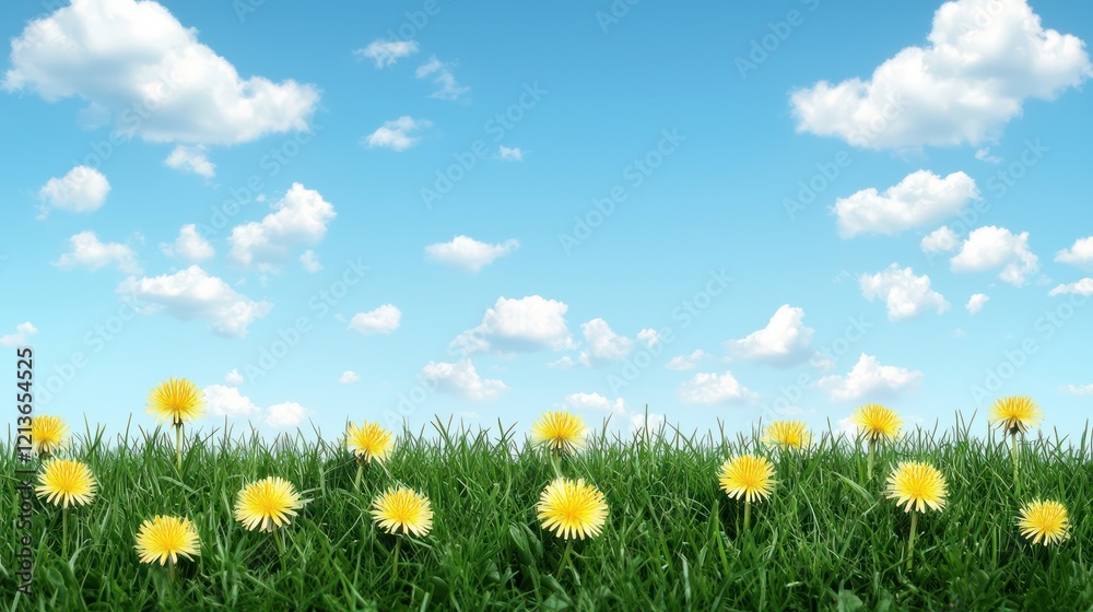 Fototapeta premium A bright field of yellow dandelions against a clear blue sky with fluffy clouds, creating a vibrant and cheerful natural scene.
