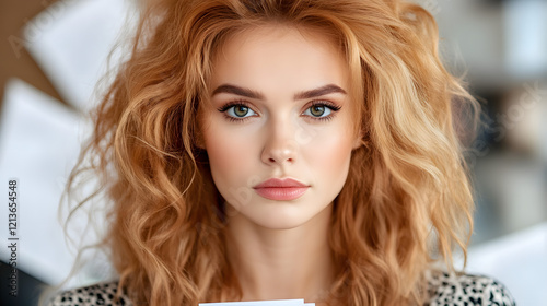 Focused young woman holding papers in a modern office portrait photography bright and professional close-up perspective