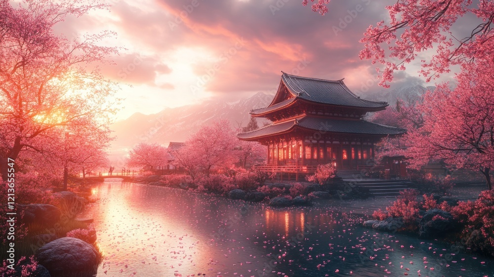 Fototapeta premium Sunrise Temple, Cherry Blossoms, Peaceful Asian Landscape, Calm River, Digital Art