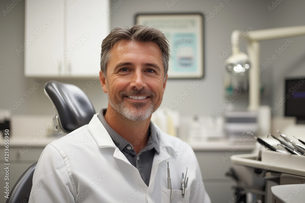 Fototapeta premium Smiling dentist sits in a sleek dental office equipped with essential tools. The workspace is bright and inviting, emphasizing a patient-centered atmosphere