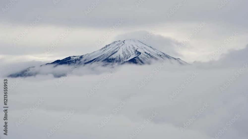 Snowy peak emerges from cloudscape, aerial view Snowy peak emerges from cloudscape, aerial view