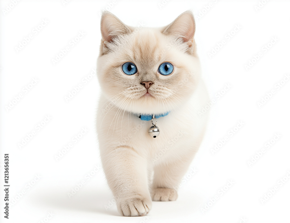 Fototapeta premium Full-body photograph of an exotic shorthair cat, blue point coloration with a white face and neck on a white background.