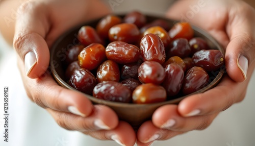 Sweet Dates in Bowl Held by Hands Delicious Healthy Snack photo