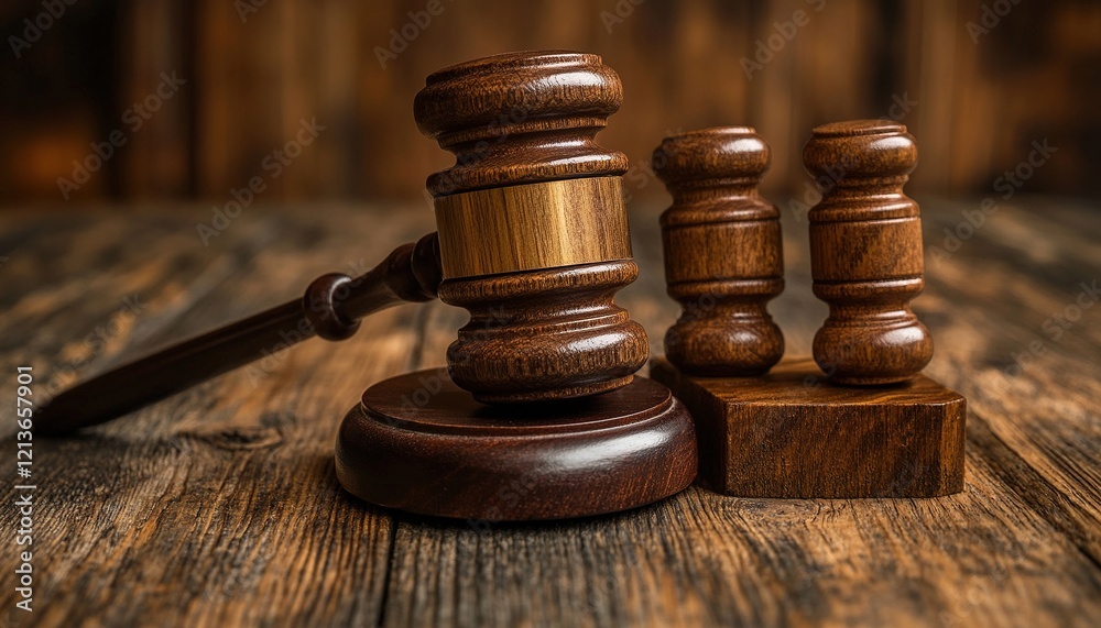 Gavel and block on wooden table, rustic background Gavel and block on wooden table, rustic background