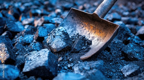 Shovelful of dark coal rocks in a pile