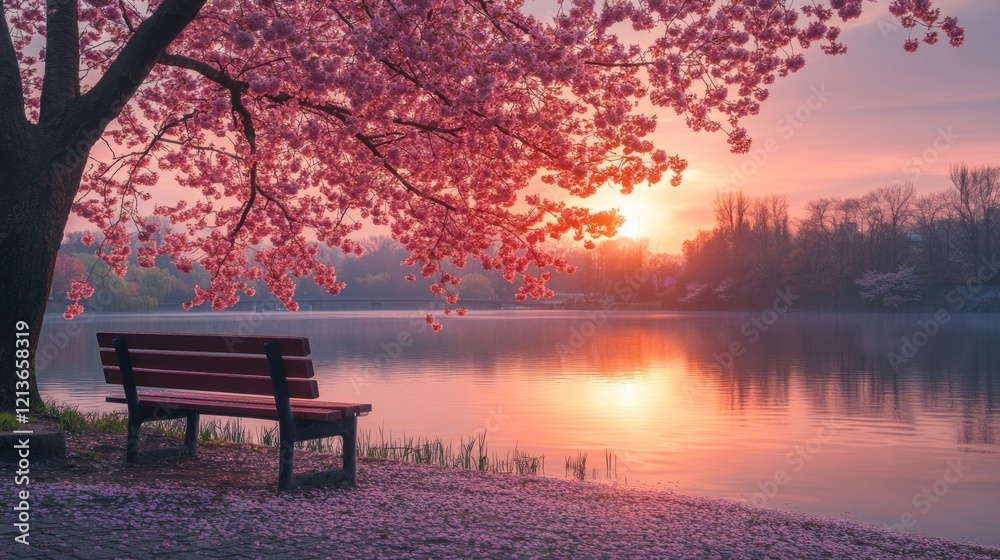 Sunrise park bench, cherry blossoms, lake, calm Sunrise park bench, cherry blossoms, lake, calm