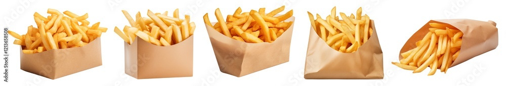 Collection of crispy golden French fries in various carton packaging styles, with deliciousness and appeal. Perfect for fast food or casual dining graphic design uses, PNG cutout.