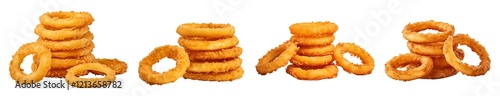 Set of four crispy golden brown onion rings with crunchy texture, stacked in various arrangements, perfect for appetizers or snacks graphic design uses, transparent background PNG cutout.