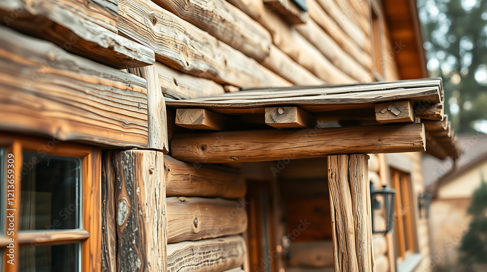Rustic Wooden Cabin Exterior: Log Wall Texture and Architectural Details Rustic Wooden Cabin Exterior: Log Wall Texture and Architectural Details