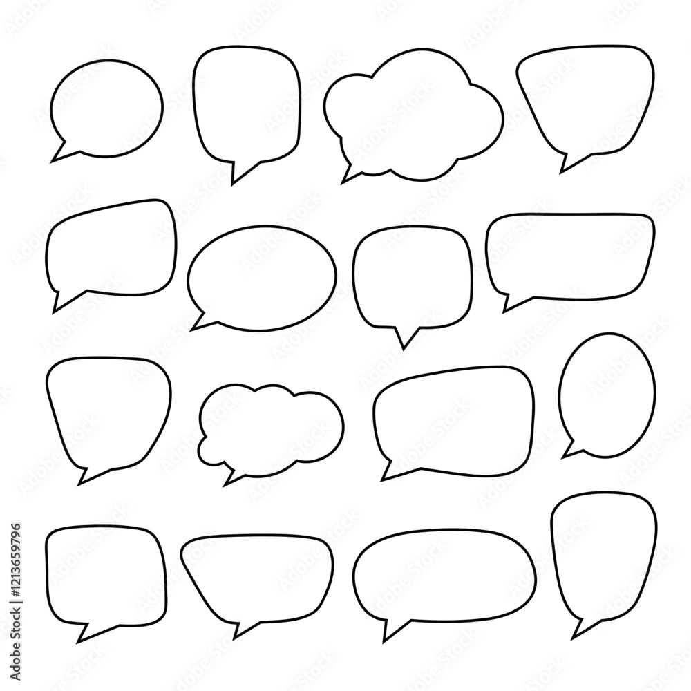 Obraz premium A set of different speech bubbles, hand-drawn, isolated on white, vector. An empty text field for a quote or message. Black and white graphic illustration with a line, outline of a design element 