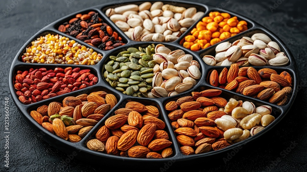 Obraz premium Assorted Nuts and Seeds in a Circular Tray