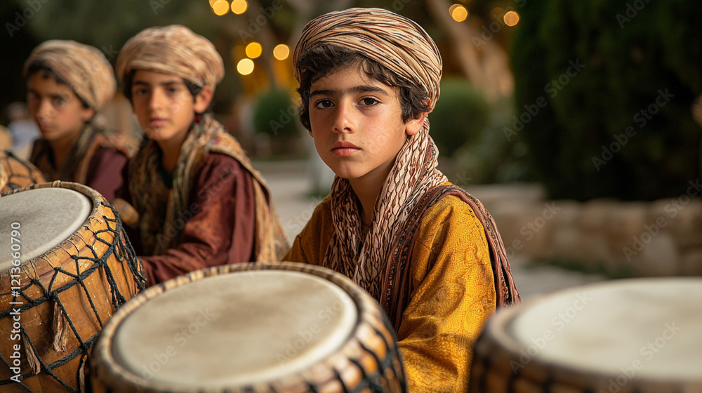 Fototapeta premium Young boy with serious expression playing traditional drums.