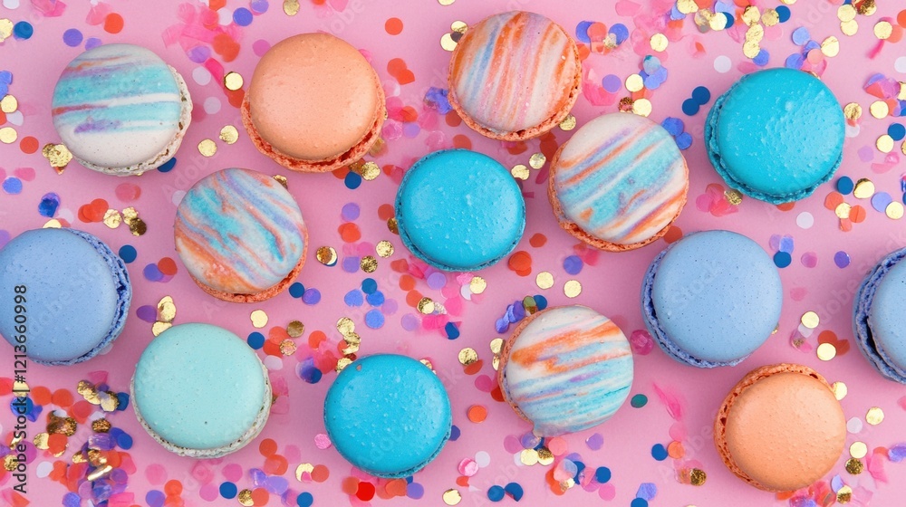 Fototapeta premium Colorful Macarons Decorated with Festive Confetti