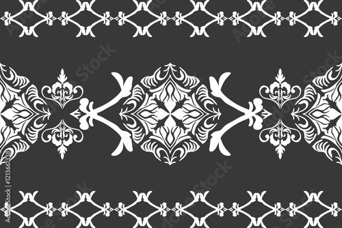 Black and white background, classic traditional damask vintage ornament, seamless pattern, vector illustration. Design for elaborate borders, tiles, ceramic pottery, and clothing. 