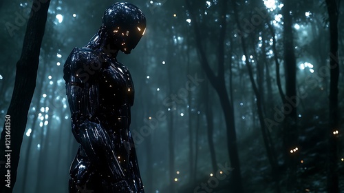 Dark android in misty forest.