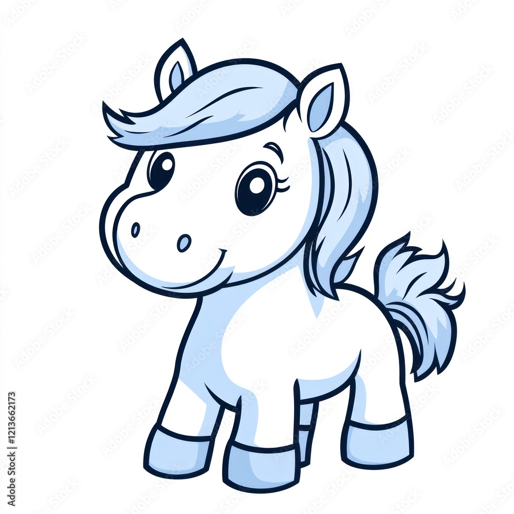 Naklejka premium Cute light blue horse cartoon stands on white background, for kids? educational resources