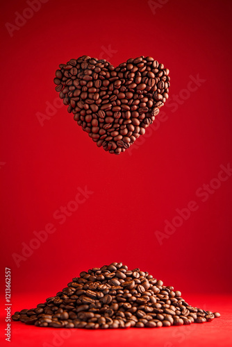 Heart made of coffee beans on red background