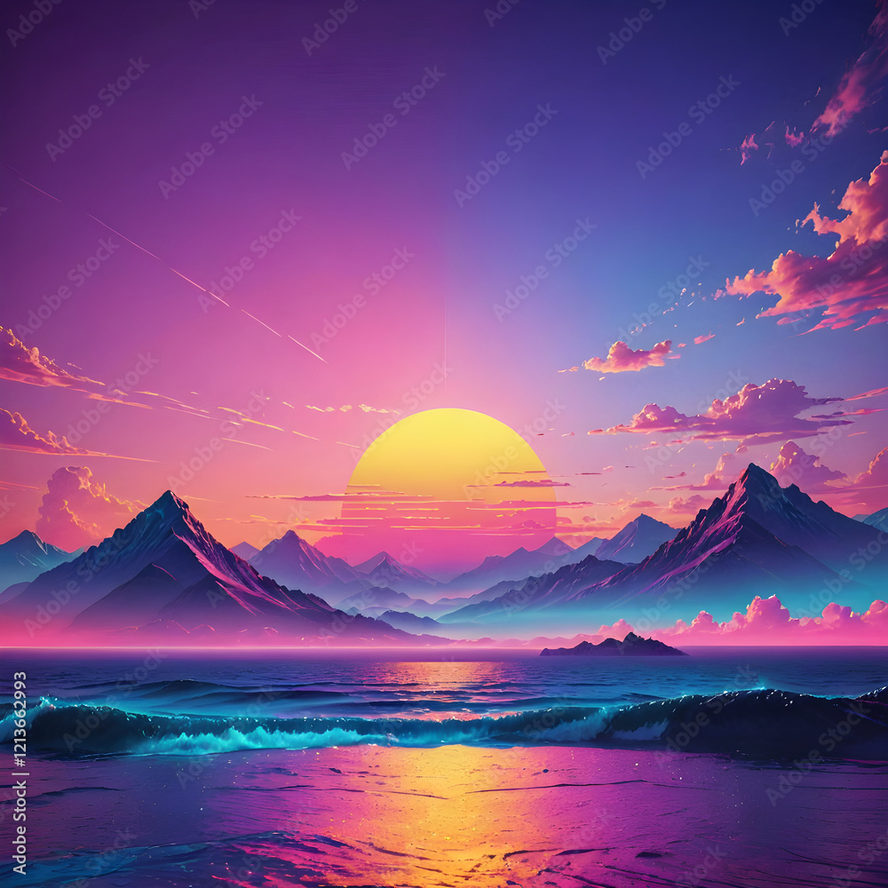 Fototapeta premium a sunset scene with mountains and waves in the ocean